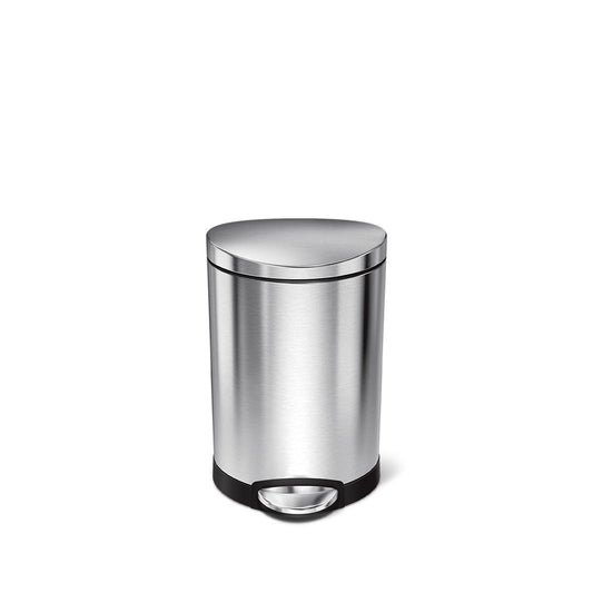 Front view of Simplehuman 6L Semi-Round Step Can, Brushed Stainless Steel, hands-free step pedal for small spaces.