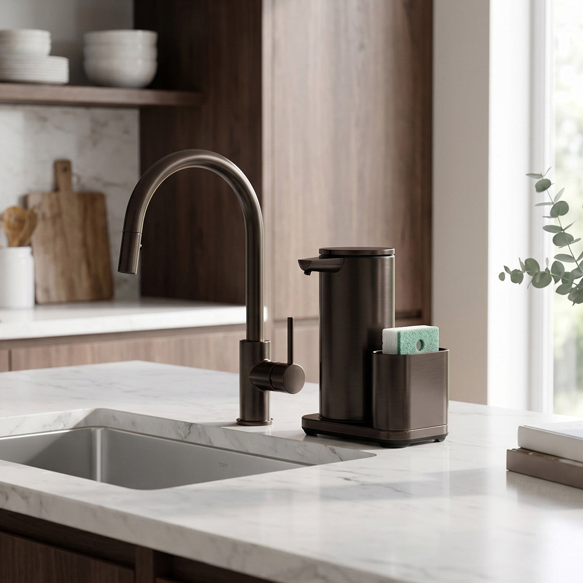 Simplehuman's 14 oz. Liquid Sensor Pump with Caddy in a modern kitchen setting with marble countertops, natural light, and wooden cabinets.