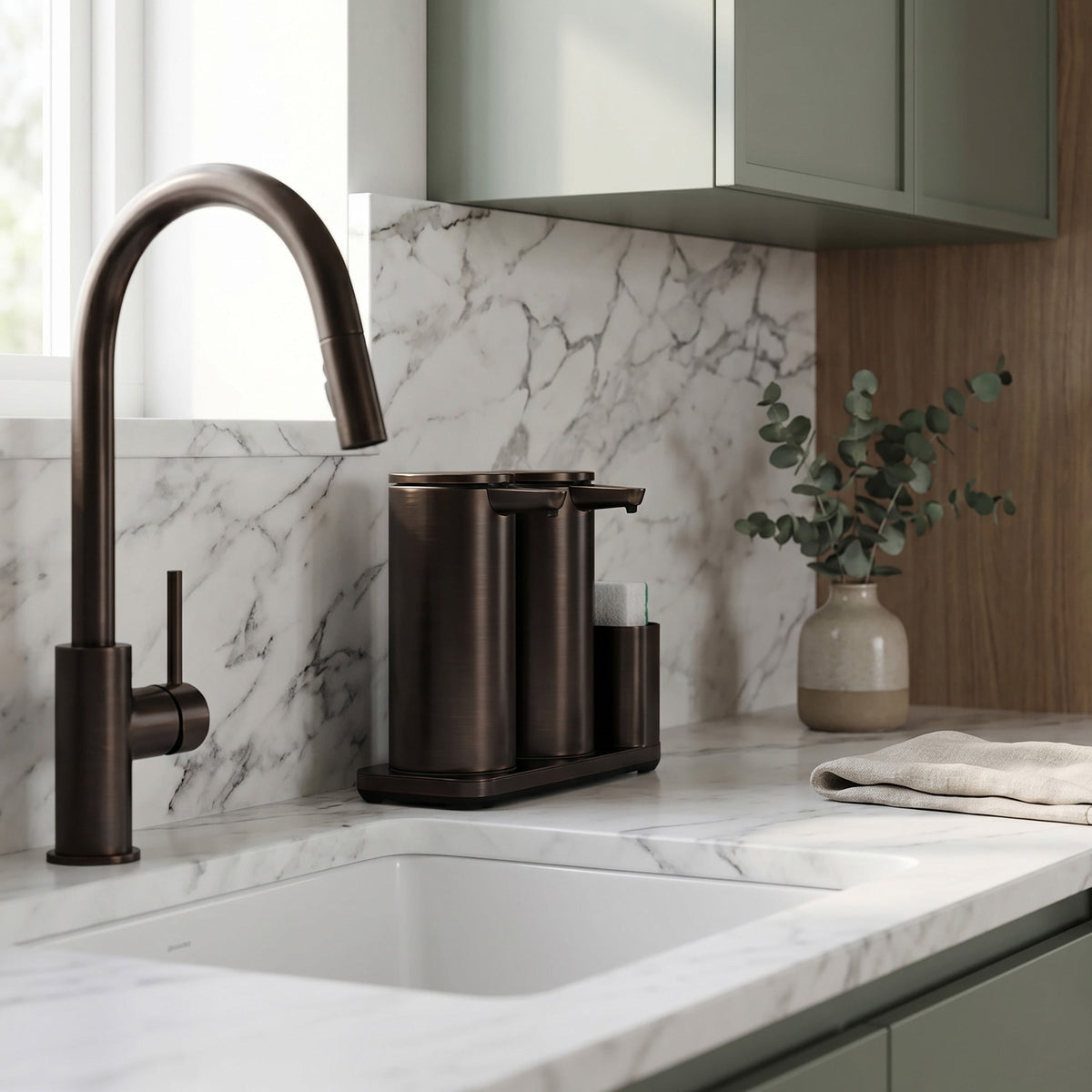 Simplehuman's Dual 14 oz. Sensor Pump in Oiled Bronze in a modern kitchen setting with marble counter top and sage green cabinets.