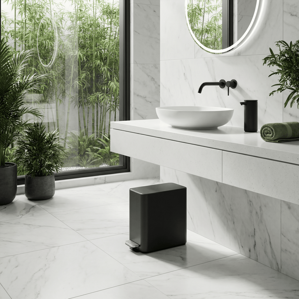 Simplehuman's 9L Slim Step Can in Matte Black in a bright and modern kitchen setting white marble floors, walls, and fresh plants. This image also feature Simplehuman's Matte Black Sensor Pump.