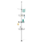 Simplehuman Polished Stainless Steel Tension Shower Caddy. Front view showing 3 adjustable baskets, towel bar, and utility hooks.