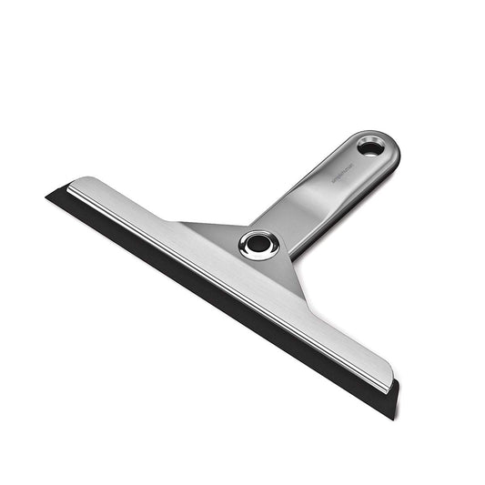 Angled view of Simplehuman Foldaway Squeegee, Brushed Stainless Steel, durable rubber blade, space-saving design.