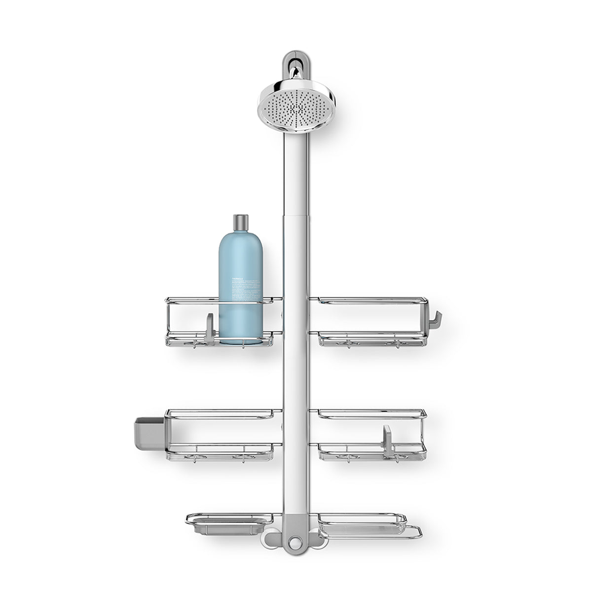 Front view Simplehuman Extra-Large Adjustable Shower Caddy, Polished Stainless Steel, 4 adjustable baskets and integrated soap dish.