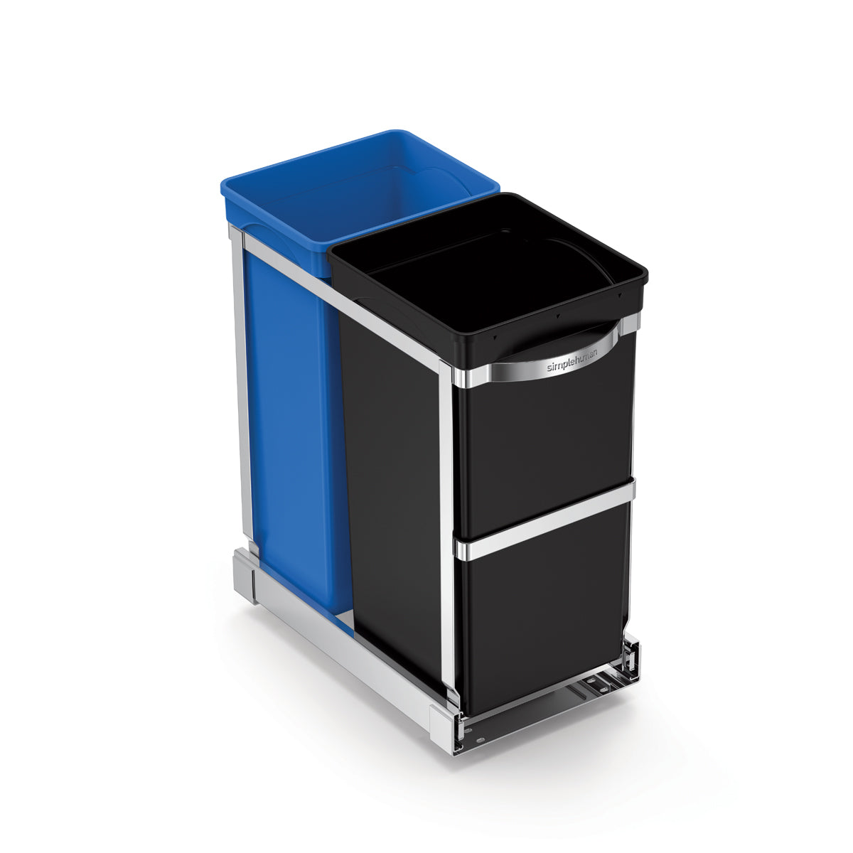 Simplehuman Angled view 35L Dual Compartment Under Counter Pull-Out Can, Polished Stainless Steel frame, trash/recycle.
