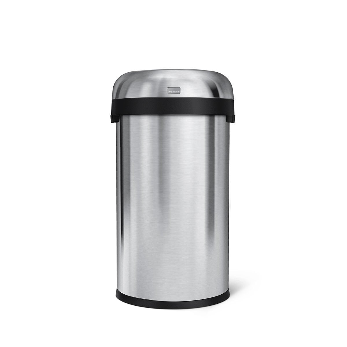 Front view of Simplehuman 60L Bullet Open Can, Brushed Stainless Steel, with open top for quick disposal.