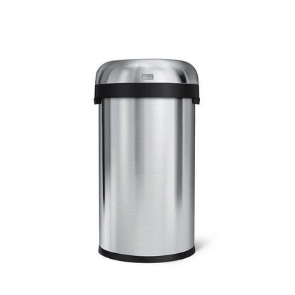 Front view of Simplehuman 60L Bullet Open Can, Brushed Stainless Steel, with open top for quick disposal.