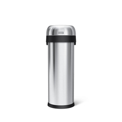 Front view of Simplehuman 50L Slim Open Can, Brushed Stainless Steel, space-saving design for high-traffic use.