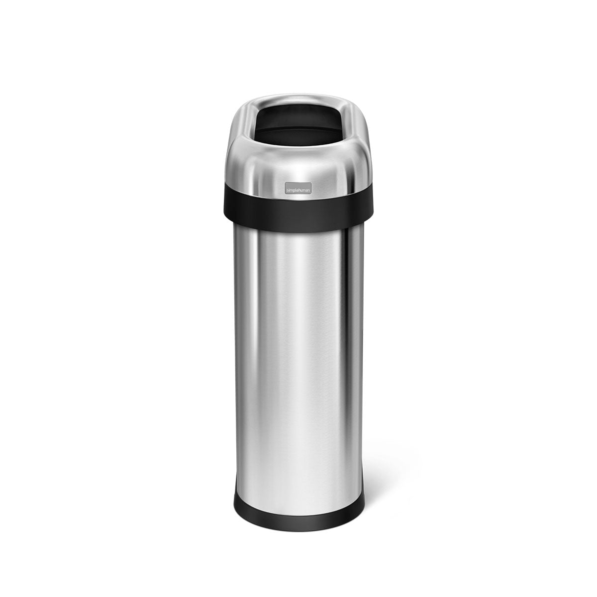 Simplehuman 50L Slim Open Can, Brushed Stainless Steel, showing fixed open lid for quick, easy disposal.