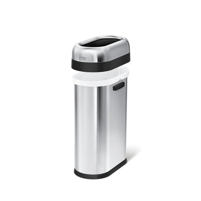 Detail view of Simplehuman 50L Slim Open Can, Brushed Stainless Steel, showing removable collar for easy bag change.