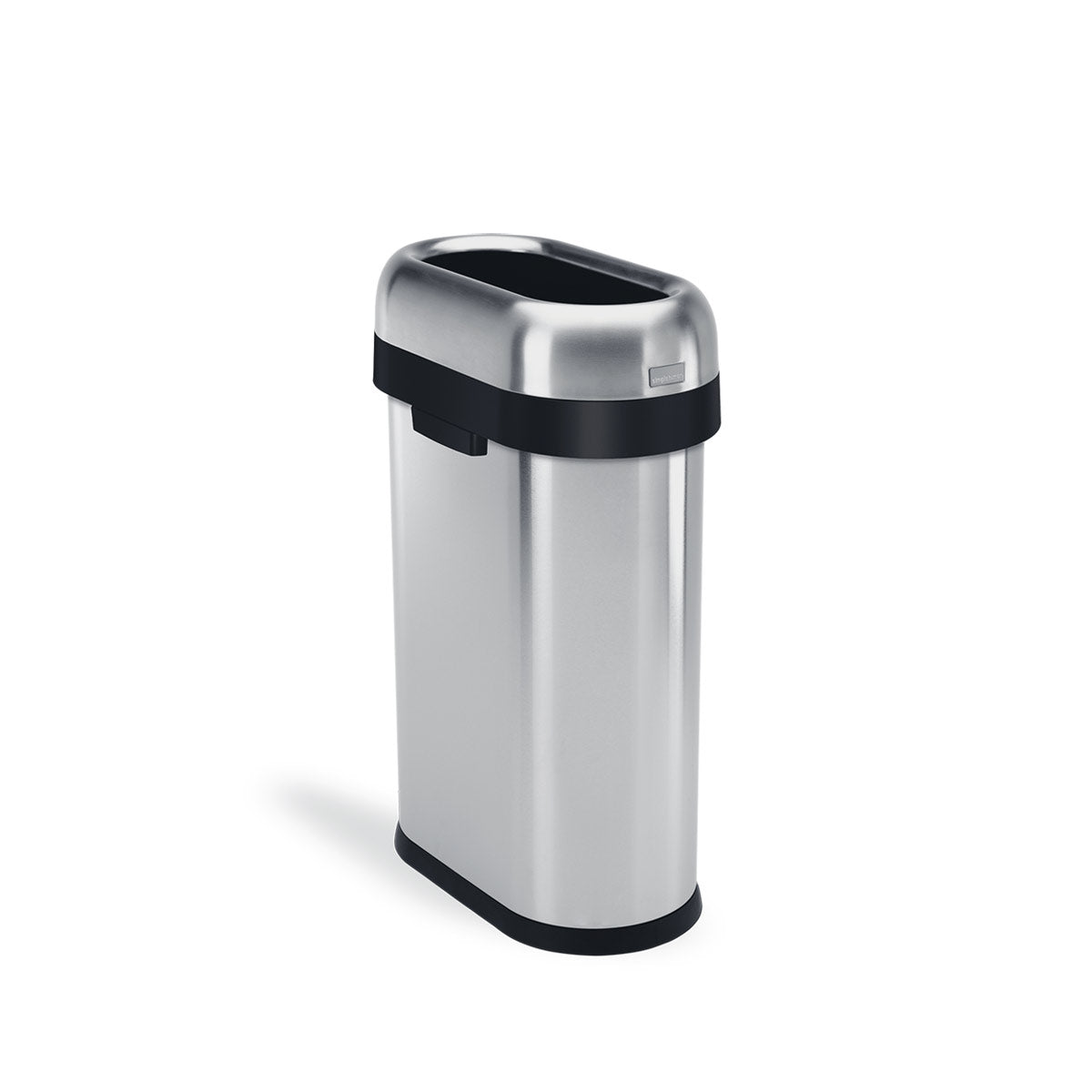 Angled view of Simplehuman 50L Slim Open Can, Brushed Stainless Steel, high-capacity and space-saving.