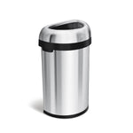 Angled view of Simplehuman 60L Semi-Round Open Can, Brushed Stainless Steel, space-saving design