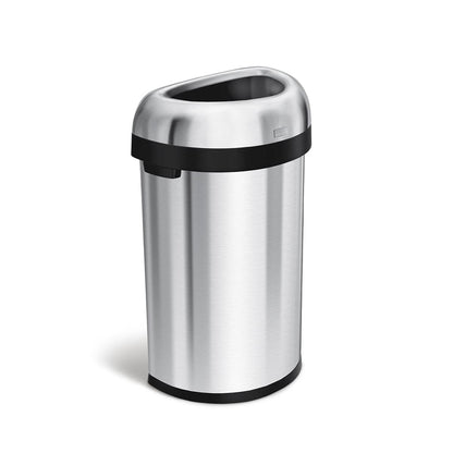 Angled view of Simplehuman 60L Semi-Round Open Can, Brushed Stainless Steel, space-saving design