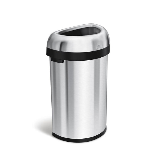 Angled view of Simplehuman 60L Semi-Round Open Can, Brushed Stainless Steel, space-saving design