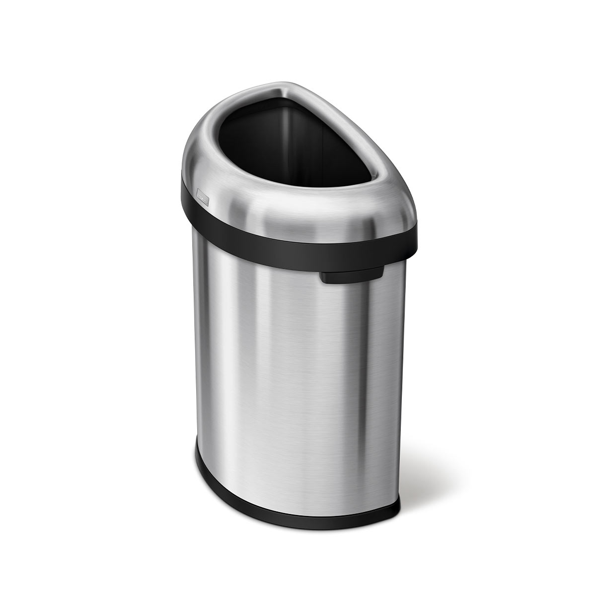 Simplehuman 80L Semi-Round Open Can in Brushed Stainless Steel, fits flush against wall, easy disposal.