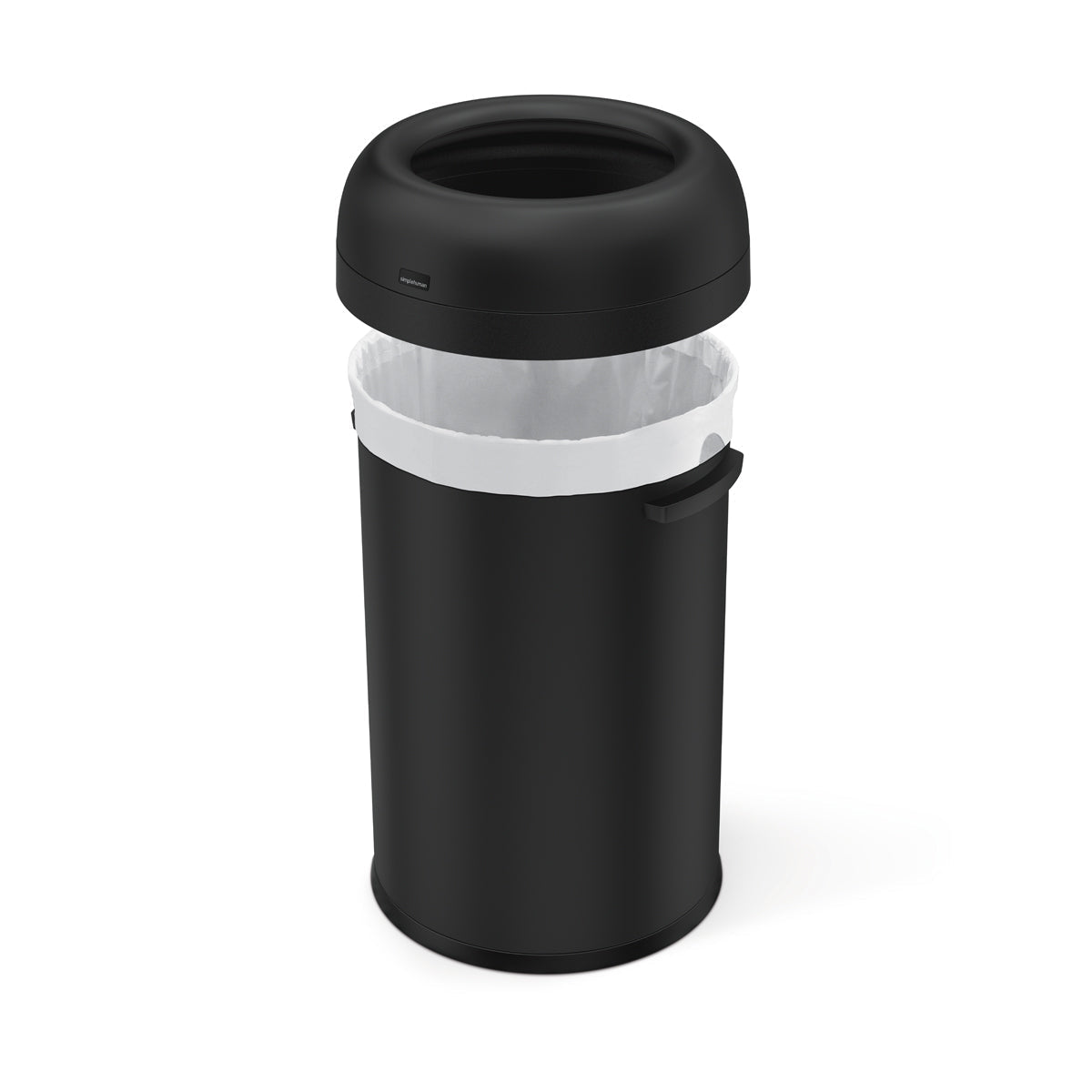 Detail view of Simplehuman 115L Bullet Open Can, Matte Black, showing removable top rim lifted for liner change.