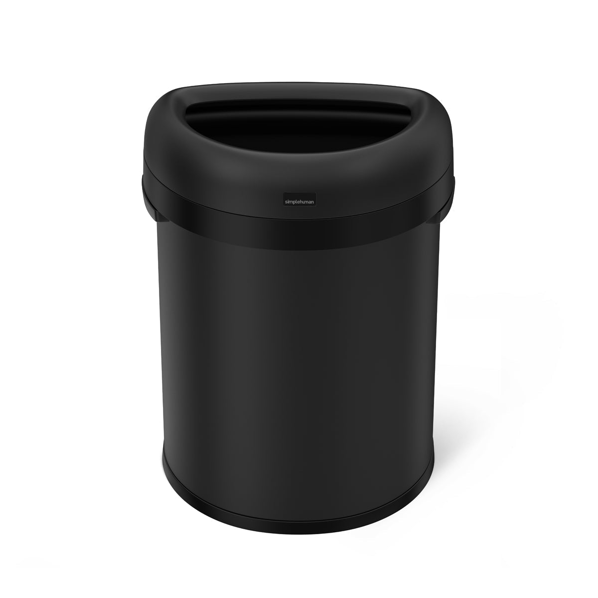 Front view of Simplehuman 80L Semi-Round Open Can, Matte Black, durable open top, ideal for high-traffic areas.