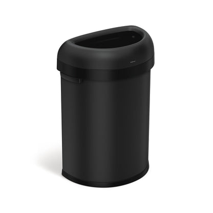 Simplehuman 80L Semi-Round Open Can in Matte Black, high-capacity trash can with open top for easy disposal.