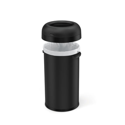 Detail view of Simplehuman 60L Bullet Open Can, Matte Black, showing removable lid for easy liner changes.