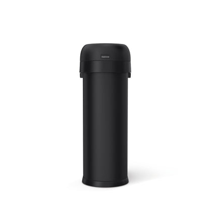 Front view of Simplehuman 50L Slim Open Can, Matte Black resin, slim profile, fixed open top for quick disposal.