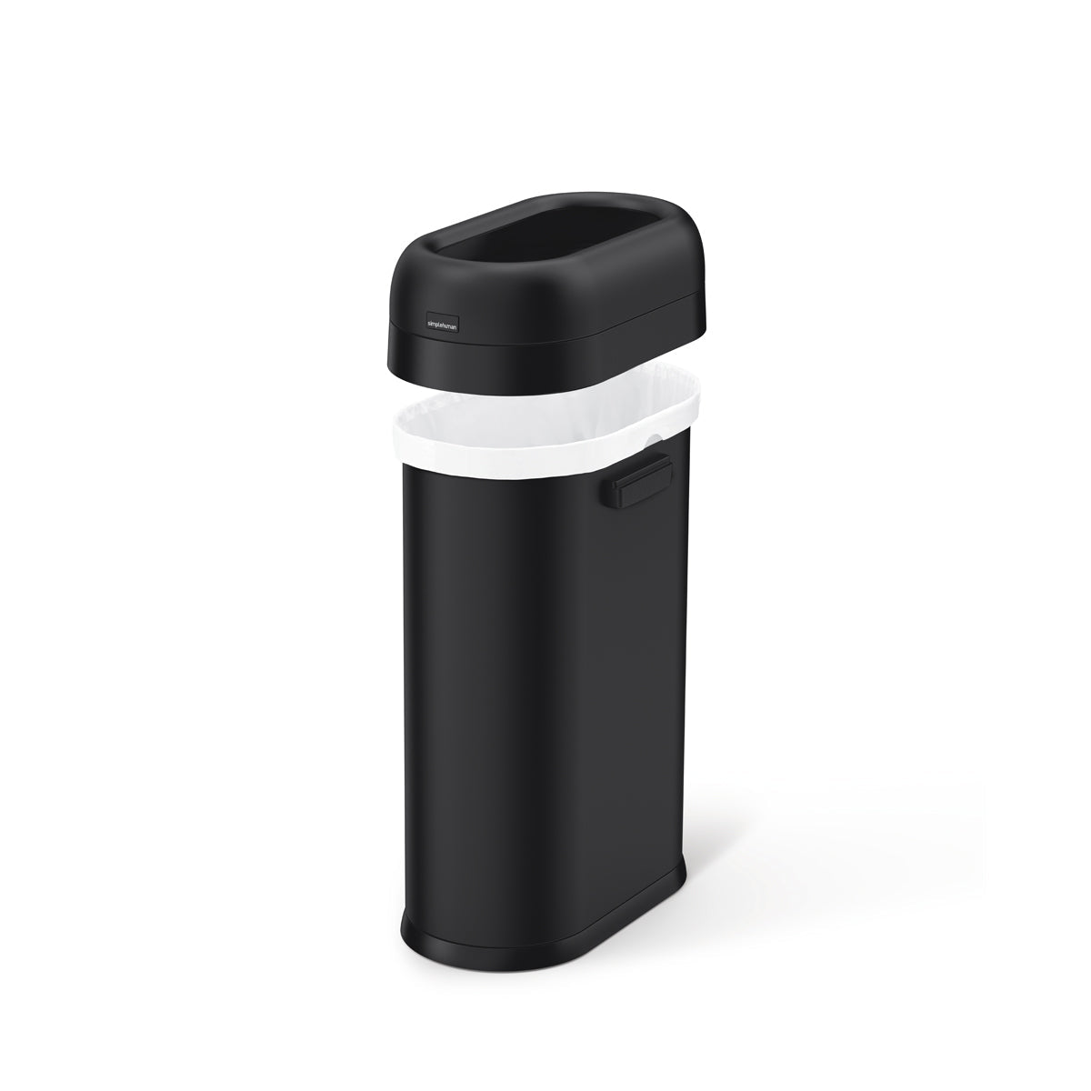 Simplehuman 50L Slim Open Can, Matte Black, showing removable collar removed for quick liner bag installation.