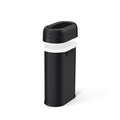 Simplehuman 50L Slim Open Can, Matte Black, showing removable collar removed for quick liner bag installation.
