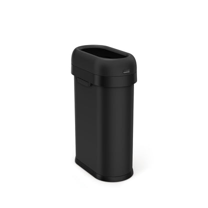 Simplehuman 50L Slim Open Can in Matte Black resin, fixed open top for quick disposal in high-traffic areas.