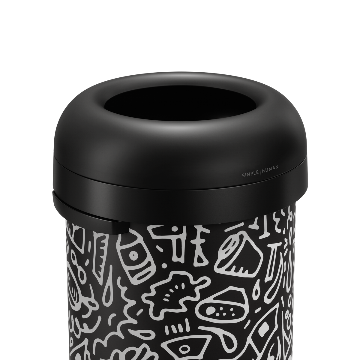 Detail view of Simplehuman 60L Bullet Open Can (Black Doodle graphic) showing the removable matte black dome lid.