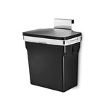 Angled view of Simplehuman 10L Door Mounted Can in Matte Black, space-saving with polished stainless steel hook.