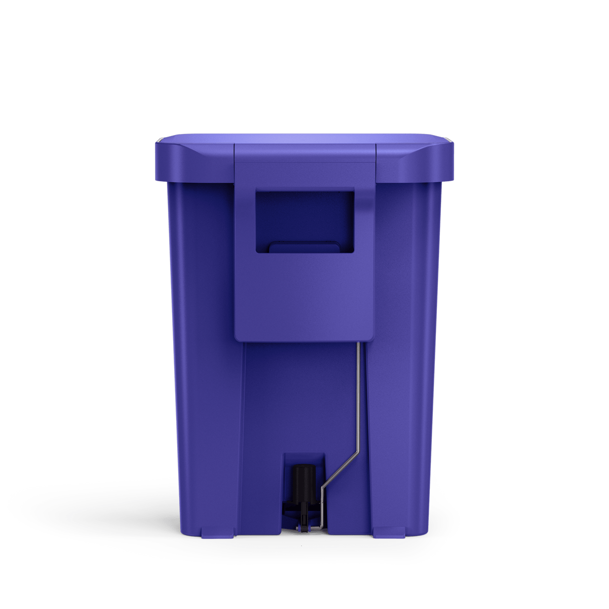 Back view of Simplehuman 45L Hybrid Step Can, Ultra Violet, showing integrated carry handle and pedal mechanism.