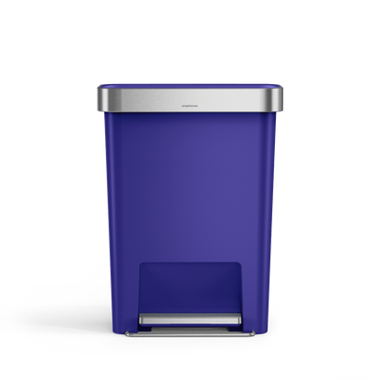 Front view of Simplehuman 45L Hybrid Step Can in Ultra Violet, Brushed Stainless Steel lid, hands-free pedal.