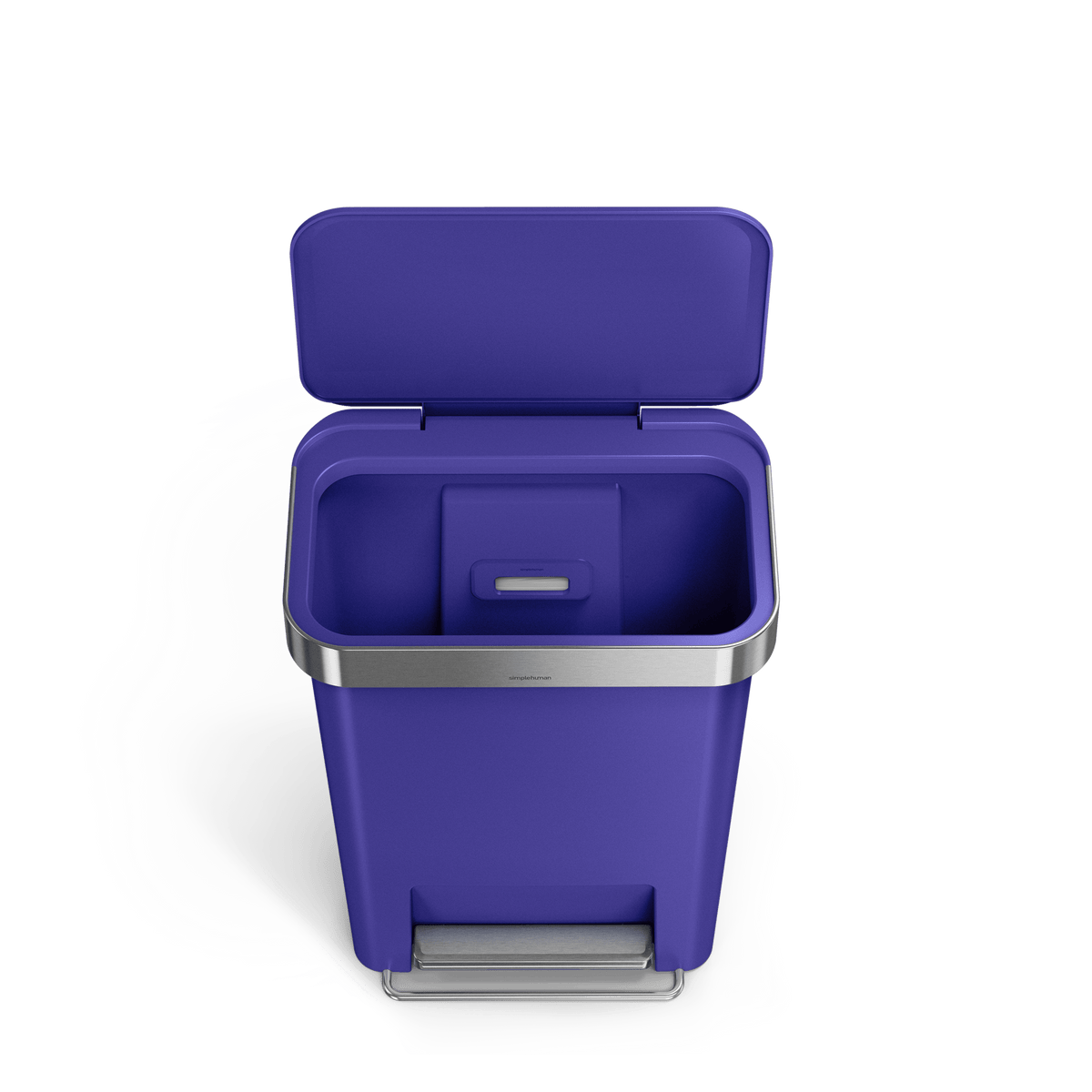 Open view of Simplehuman 45L Hybrid Step Can, Ultra Violet, showing internal liner dispenser and Brushed Stainless Steel rim.