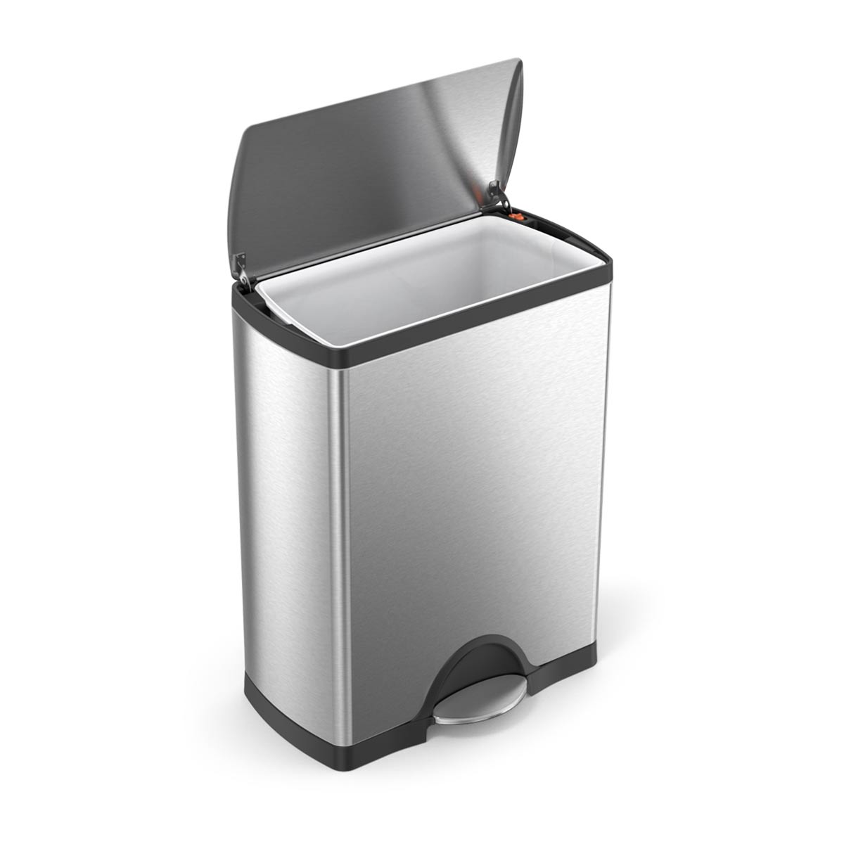 Simplehuman Brushed Stainless Steel 50L Rectangular Step Can with lid open, showing removable liner.