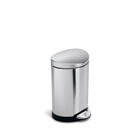 Simplehuman 6L Semi-Round Step Can in Brushed Stainless Steel with hands-free step pedal.
