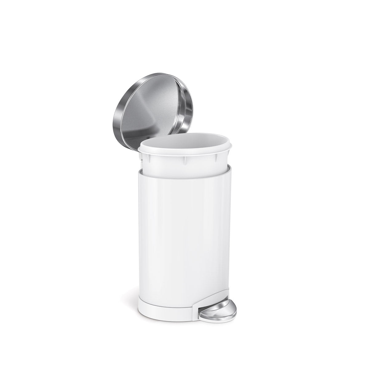Angled view of Simplehuman 6L Semi-Round Step Can, White/Brushed Stainless Steel, open lid shows removable liner.