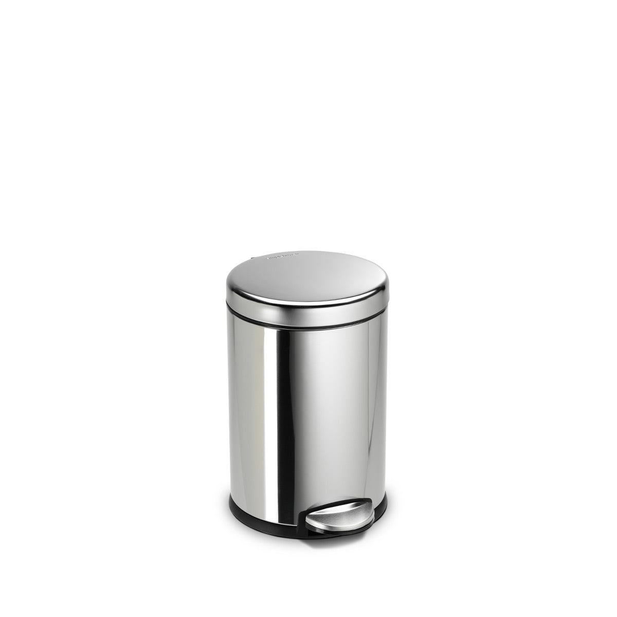 Angled view of Simplehuman 4.5L Round Step Can in Polished Stainless Steel, small size, hands-free pedal.