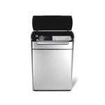 Simplehuman 48L Dual Compartment Touch-Bar Can, Brushed Stainless Steel, open for trash and recycling sorting.