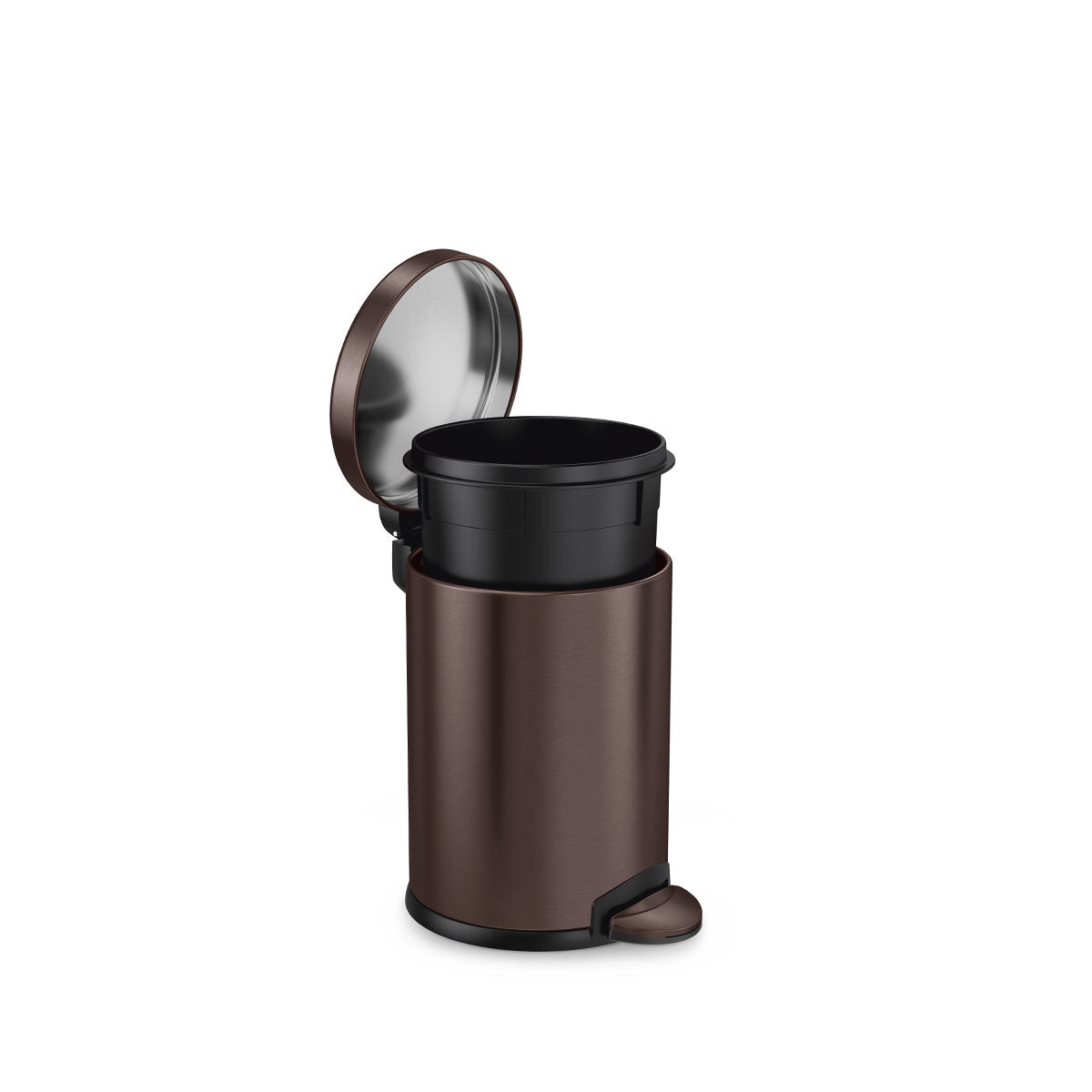 Open view of Simplehuman 4.5L Round Step Can in Dark Bronze, showing removable liner bucket and hands-free pedal.