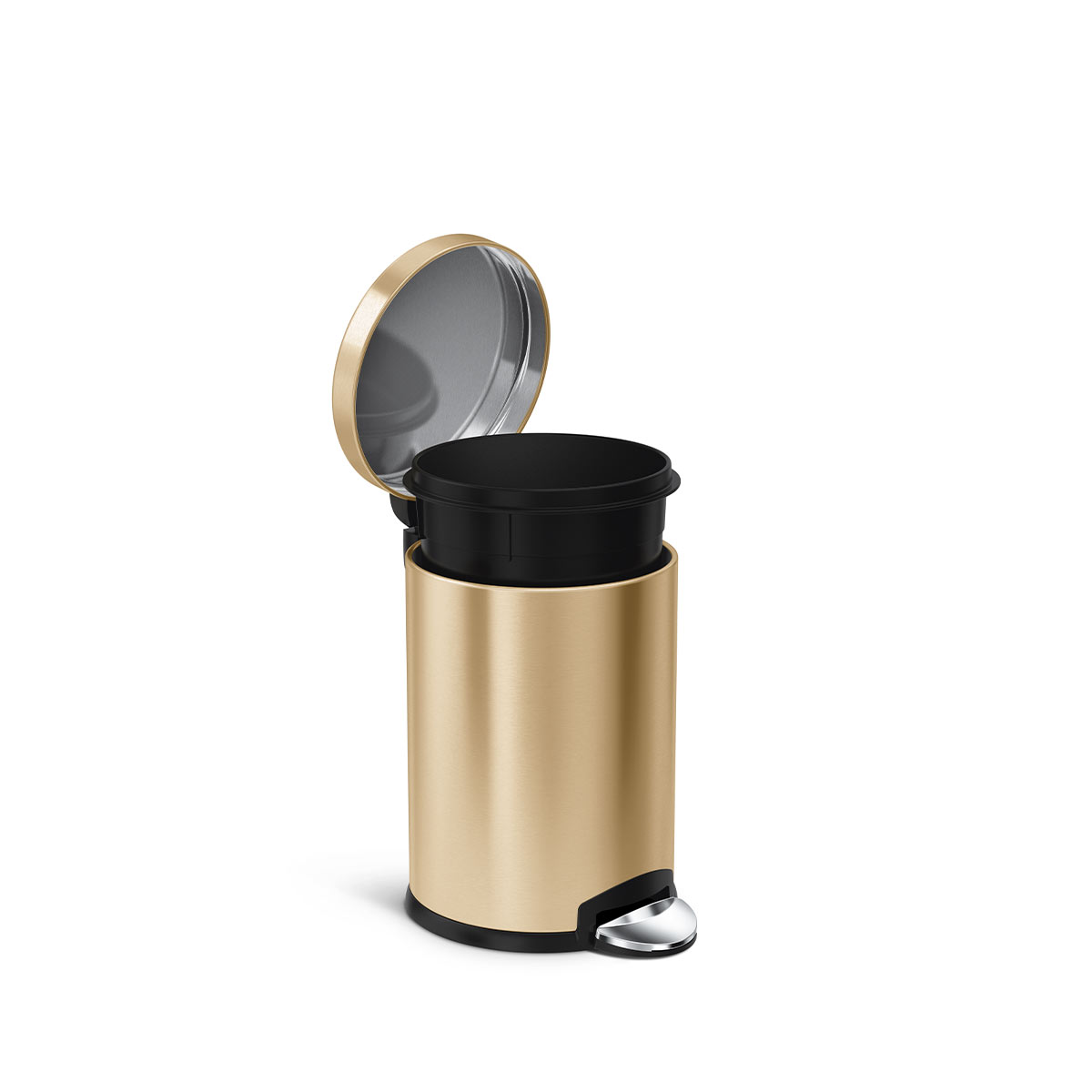 Open view of Simplehuman 4.5L Round Step Can in Brass finish, showing removable liner bucket and hands-free pedal.