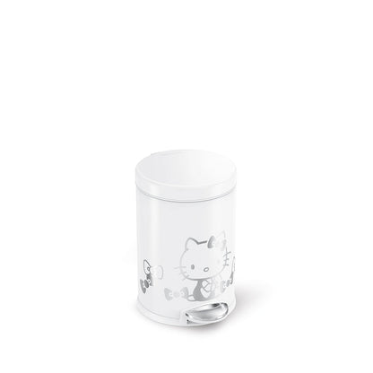Angled view of Simplehuman 4.5L Round Step Can, White with Silver Hello Kitty graphic, compact with hands-free pedal.