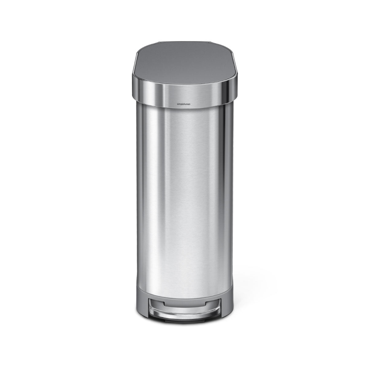 Front view: Simplehuman 45L Slim Step Can in Brushed Stainless Steel, slim design, hands-free pedal.