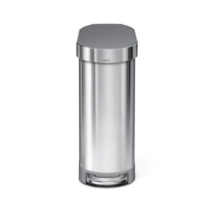 Front view: Simplehuman 45L Slim Step Can in Brushed Stainless Steel, slim design, hands-free pedal.