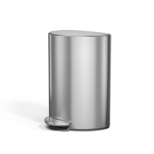 Simplehuman 6L Semi-Round Step Can in Brushed Stainless Steel, hands-free foot pedal, space-saving design.