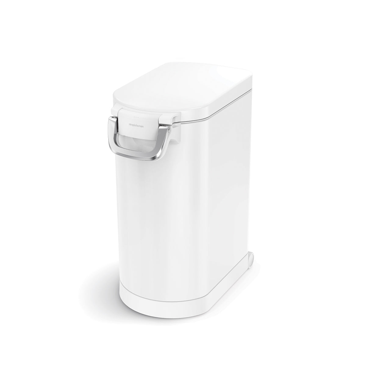 Simplehuman Large Pet Food Can in White, airtight locking handle, integrated wheels.