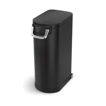 Angled view of Simplehuman X-Large Pet Food Can, Matte Black finish, airtight locking handle and wheels.