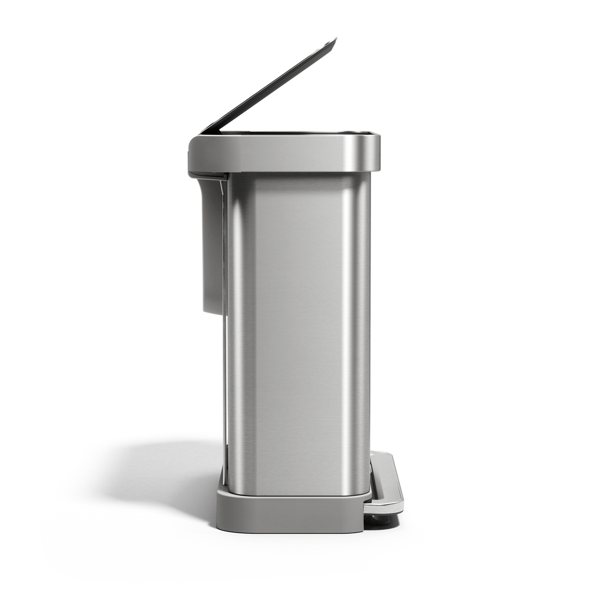Side view of Simplehuman 58L Step Recycler, Brushed Stainless Steel, dual compartments, hands-free foot pedal operation.