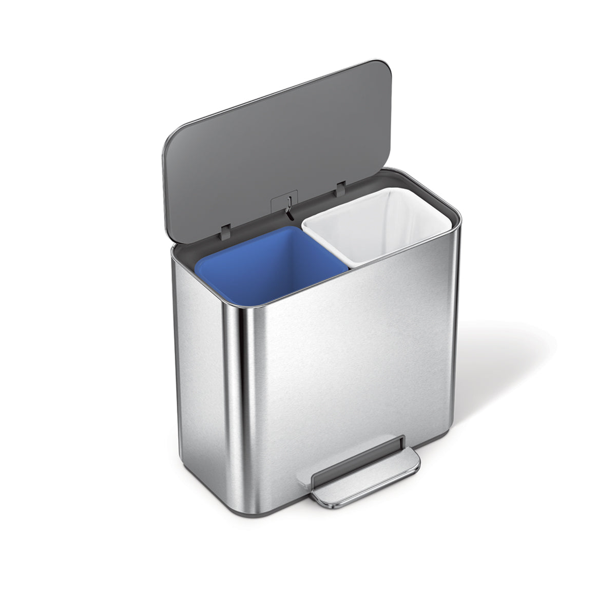 Simplehuman Brushed Stainless Steel 15L Mini Recycler Step Can with dual compartments for easy waste separation.