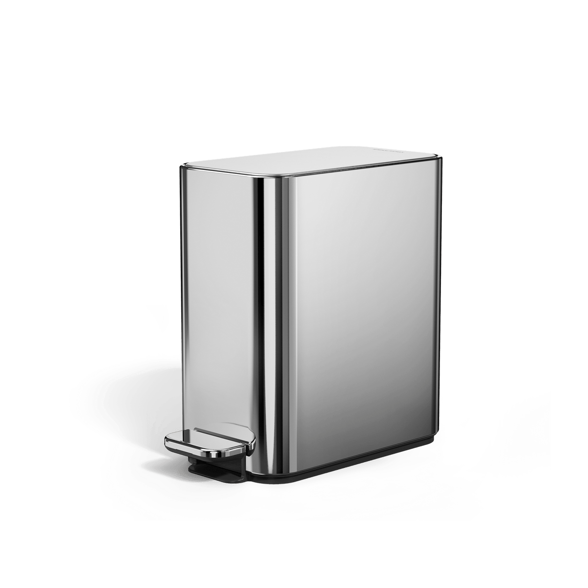 Simplehuman 5L Slim Step Can in Polished Stainless Steel, angled view, hands-free operation and slim design.