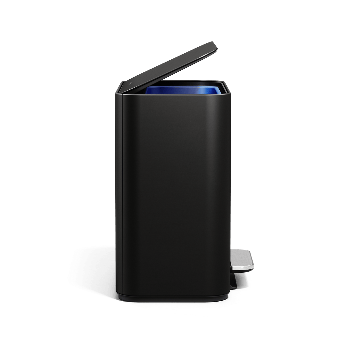 Simplehuman 16L Matte Black Mini Step Can with pedal, side angle.
