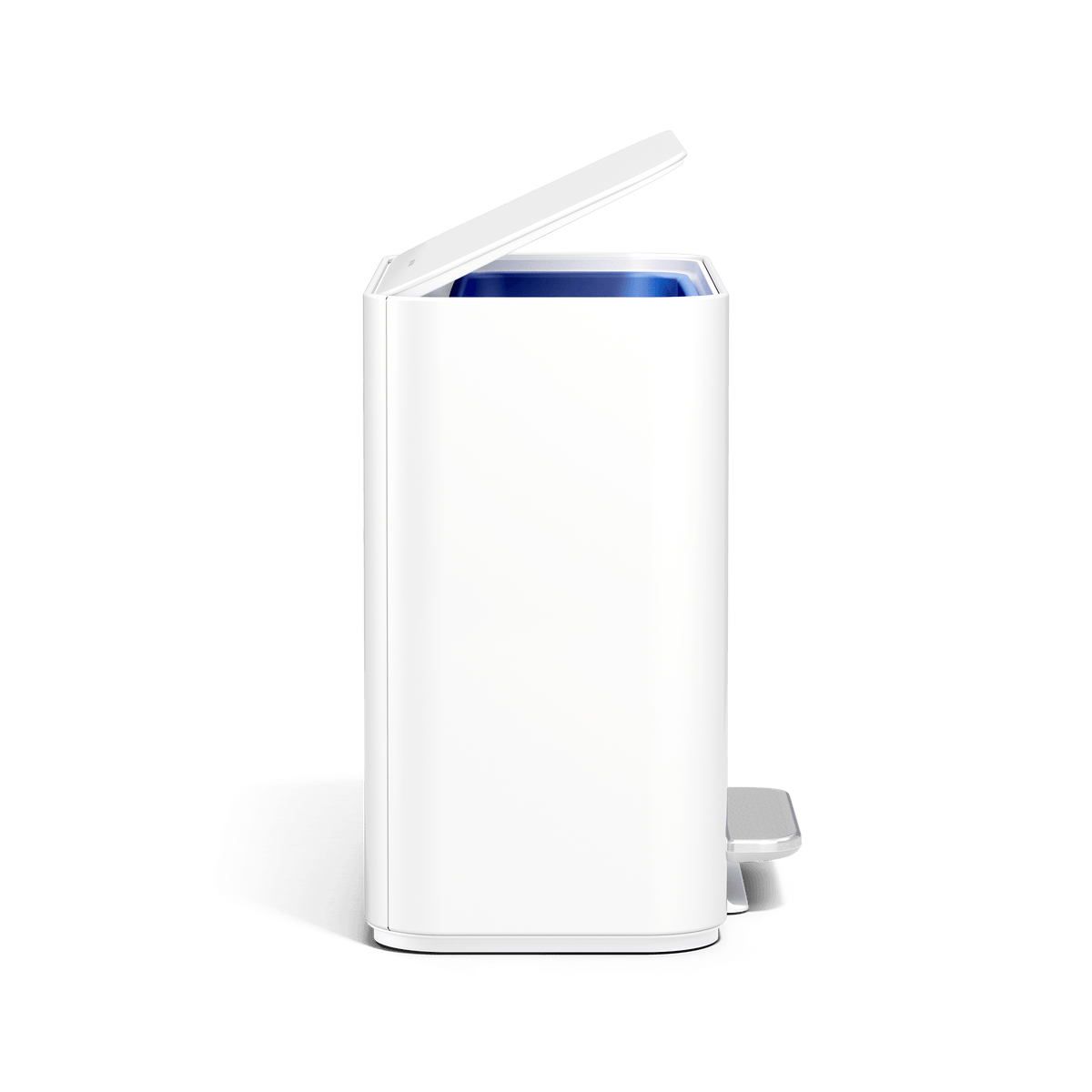 Simplehuman 16L White Mini Step Can with pedal, side angle.