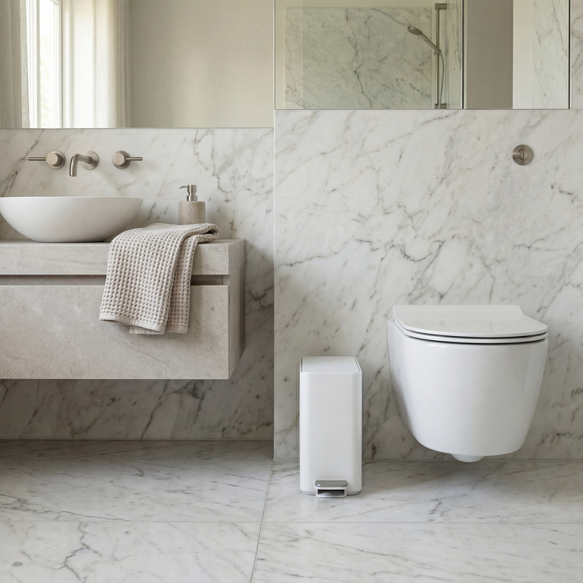 Simplehuman's 5L Slim Step Can in White in a modern bathroom with white marble countertop and walls.